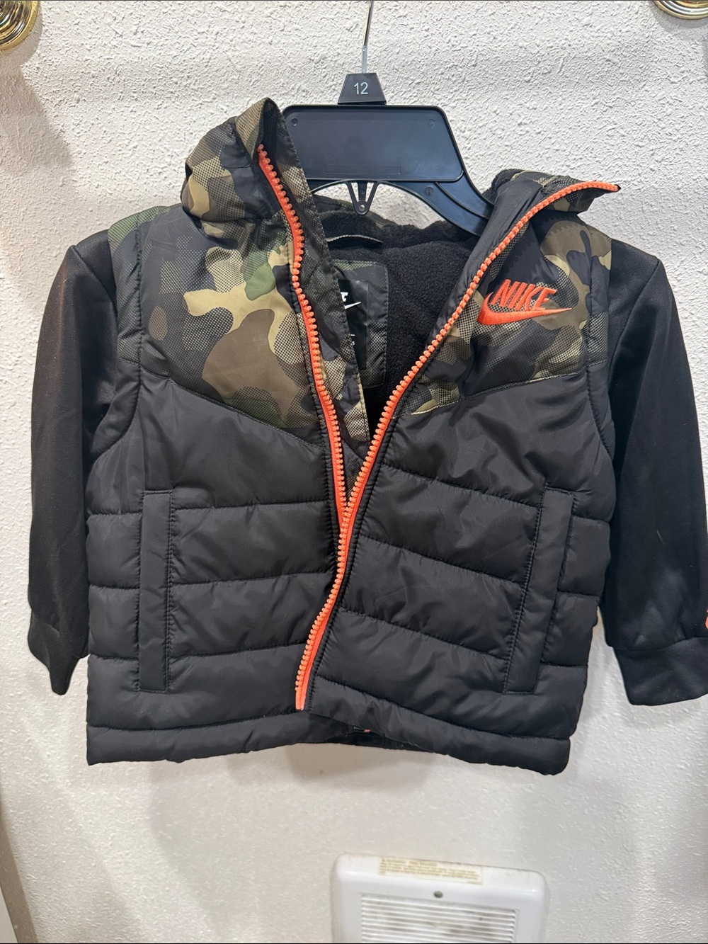 Nike Black Camouflage Puffer Vest with Orange Accent